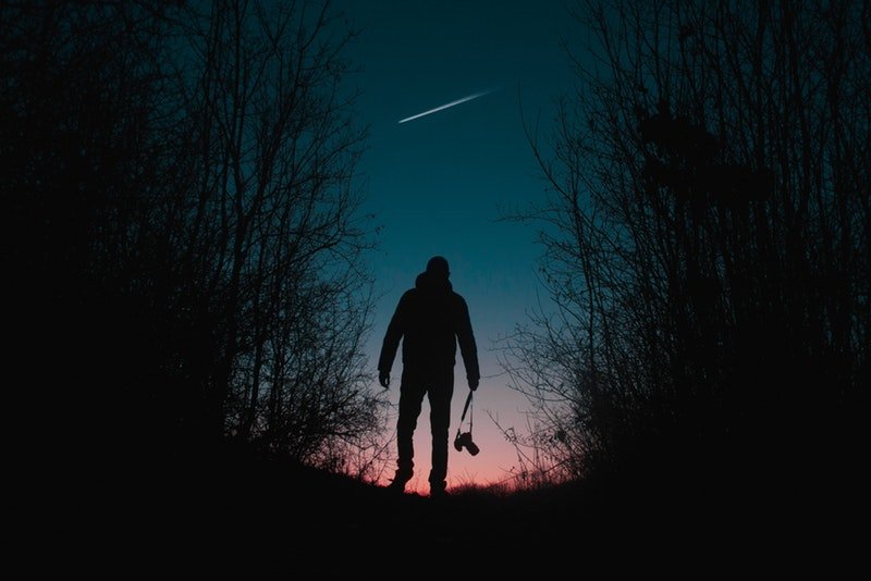 Silhouette of man walking down path with trees